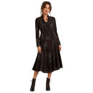 Extenzo Paris Vegan Faux Croc Ruffle Jacket Skirt Set French 44 Medium Brown
